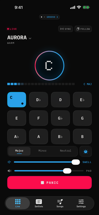 Live screen with the C key lit