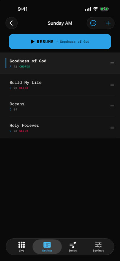 A setlist with four songs